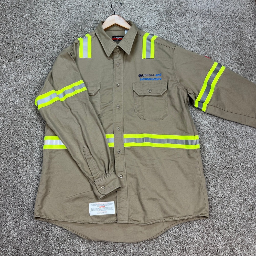 Bulwark Work Shirt Men XL Khaki Tan Hi-Vis Reflective Flame Resistant Reflective